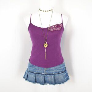 00s Y2K Max Studio Purple 100% Silk w Floral Lace Trim Cami Slip Top Sz Medium